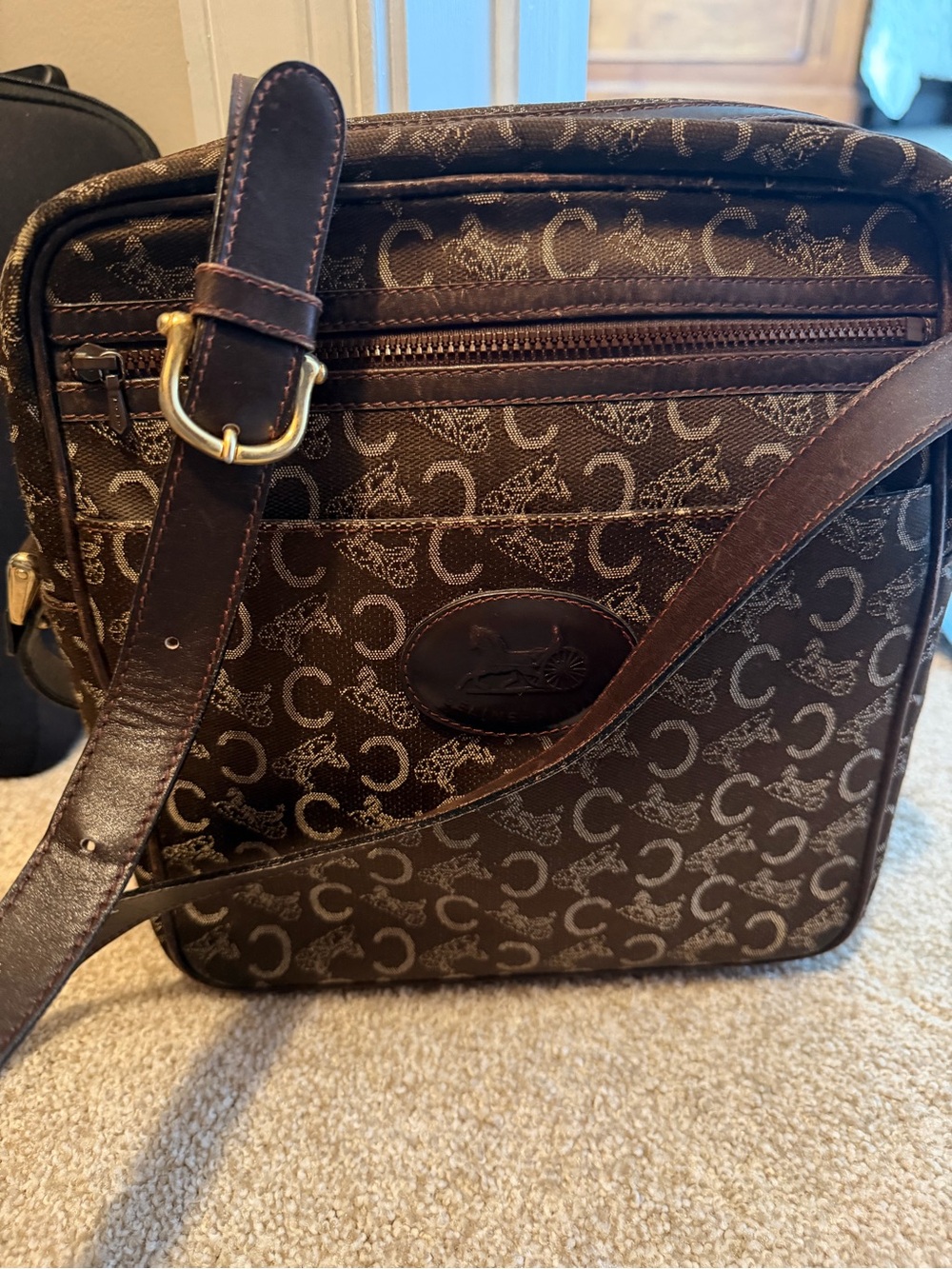 Vintage Celine Dark Brown Monogram C Crossbody Bag with Leather Trim with COA